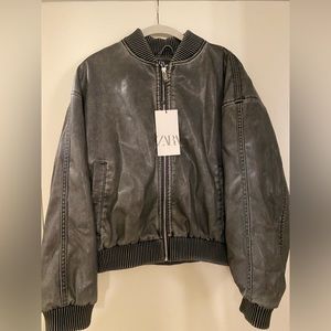 Zara Black Faux Leather Bomber Jacket